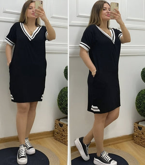 Rochie de damă din viscoză, lungime până la genunchi, cu mânecă scurtă, decolteu în V, detalii striate și buzunare, 31195