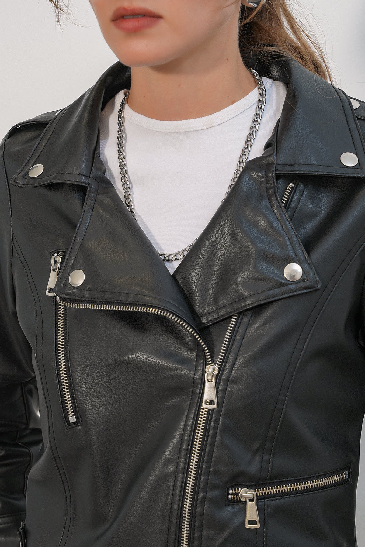 1025 Suni Deri Biker Ceket - Siyah