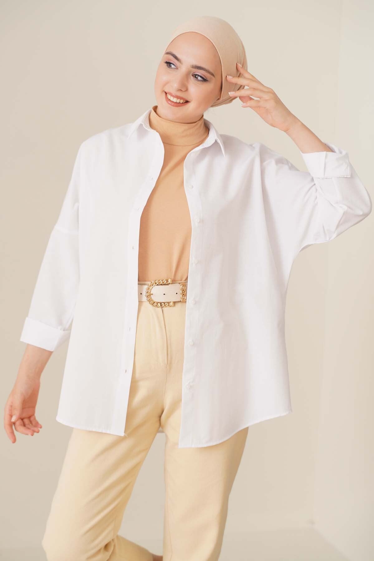 103901 Cămașă Basic Tesettür Oversize - Alb