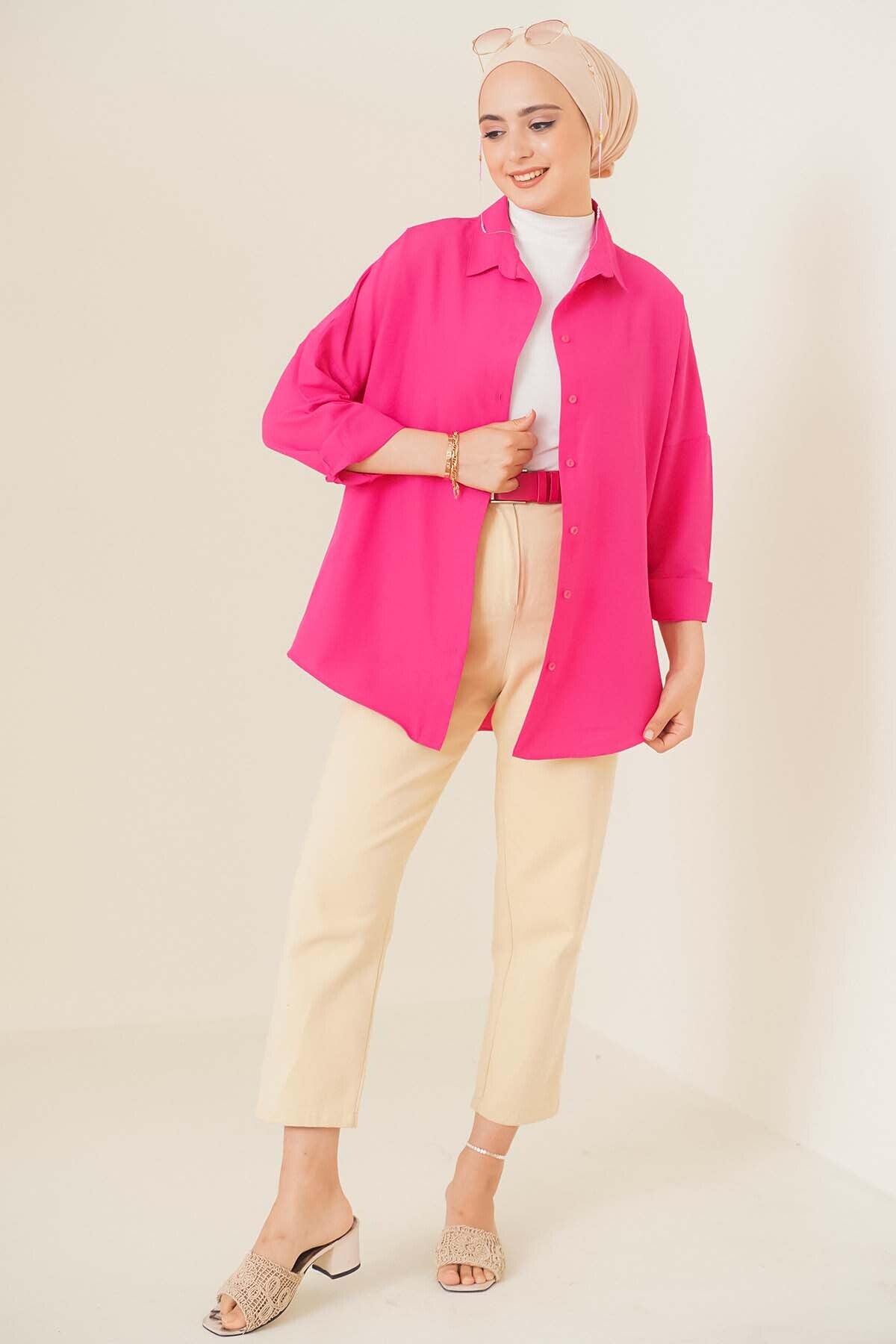 103901 Cămașă Basic Tesettür Oversize - Roz Închis