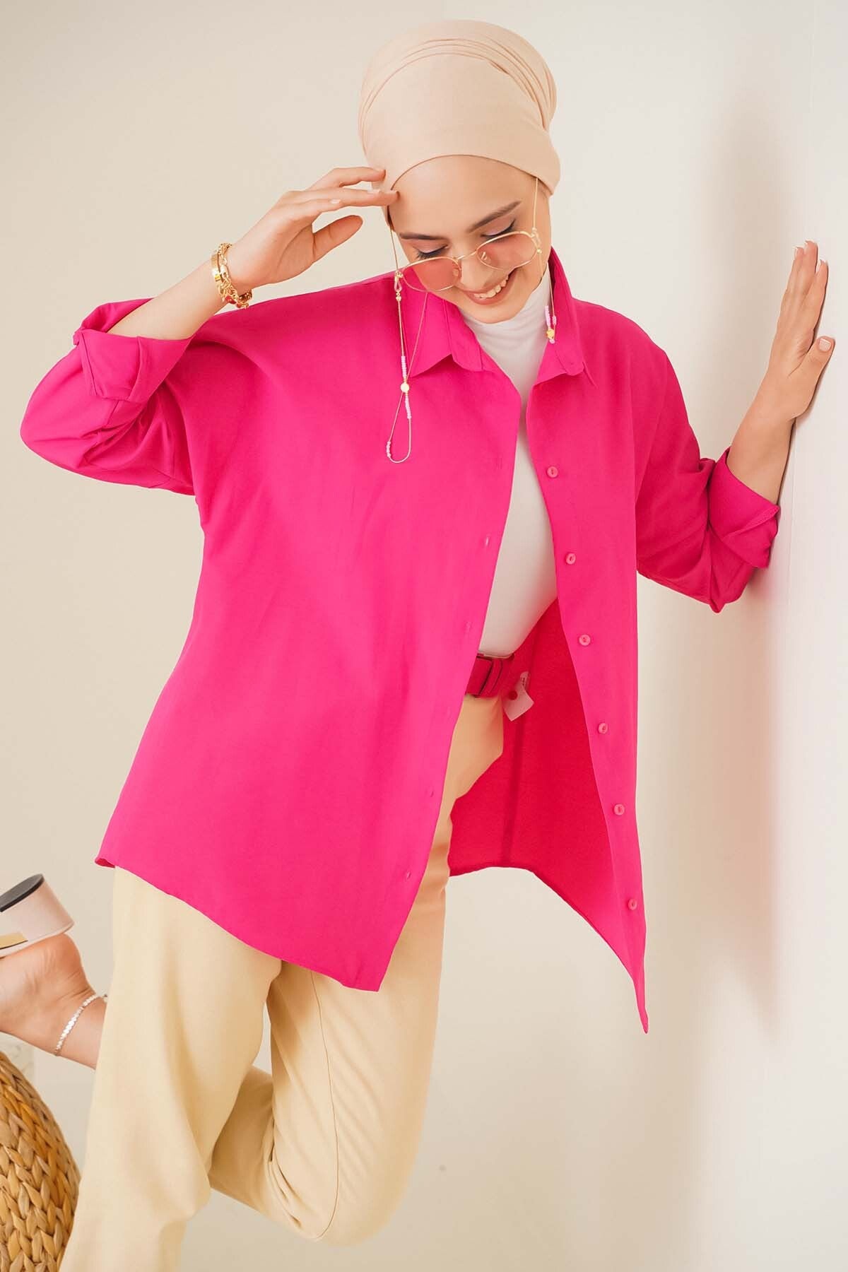 103901 Cămașă Basic Tesettür Oversize - Roz Închis