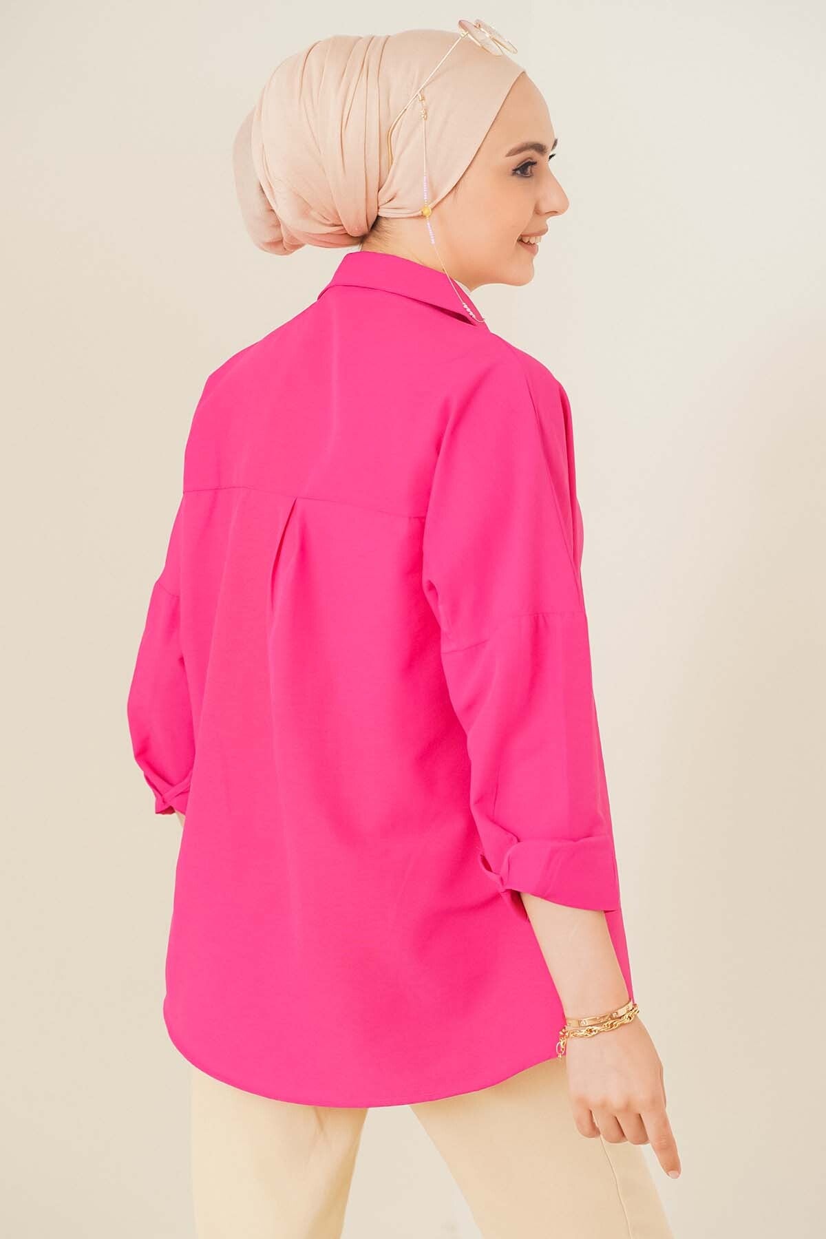 103901 Cămașă Basic Tesettür Oversize - Roz Închis