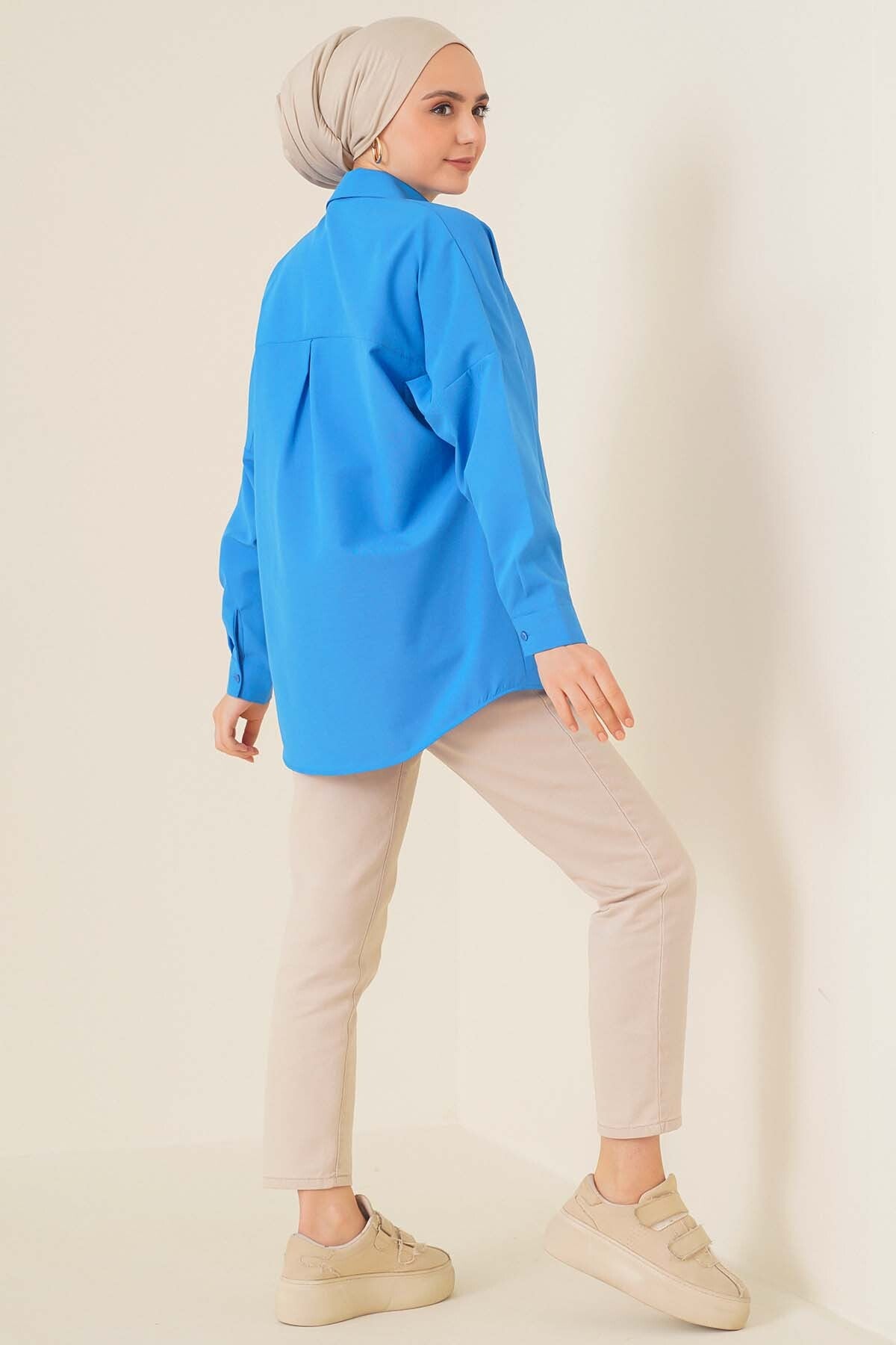 103901 Cămașă Basic Tesettür Oversize - Bleumarin