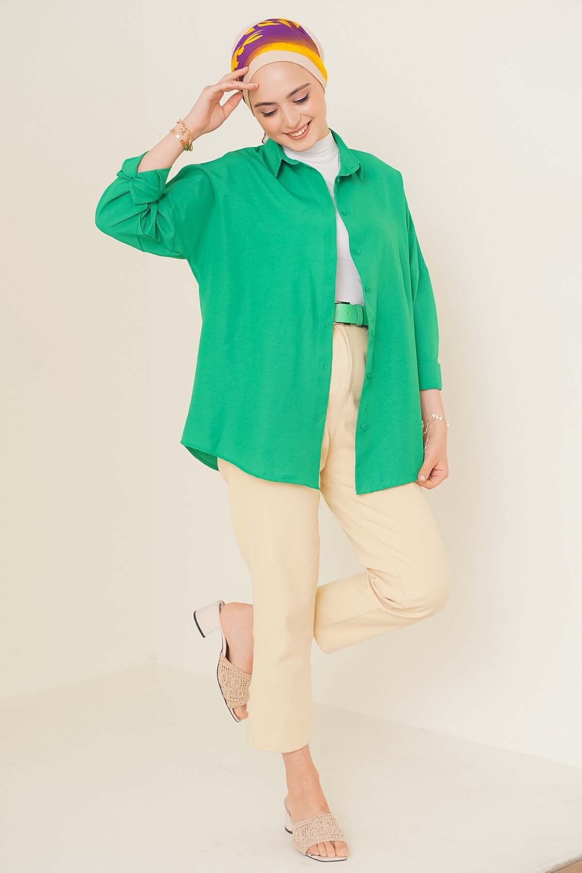 103901 Oversize Basic Tesettür Gömlek - Yeşil