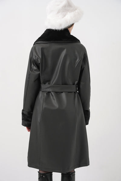 1045 Faux Leather Fur Coat - Black
