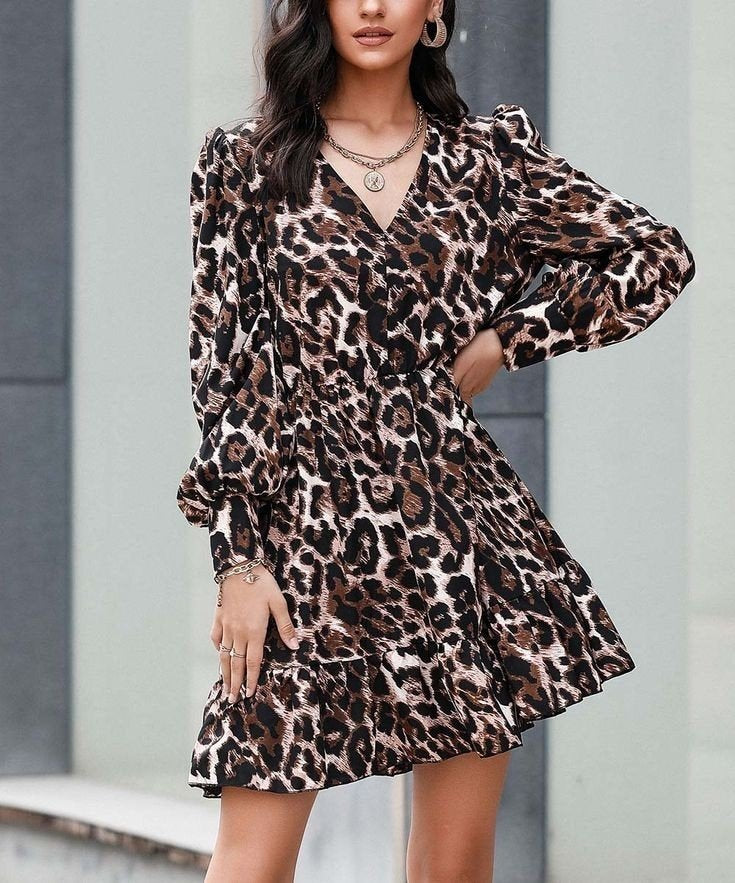 Rochie de damă din crep cu imprimeu leopard, cu mânecă lungă, talie elastică, tiv cu volane, 27734