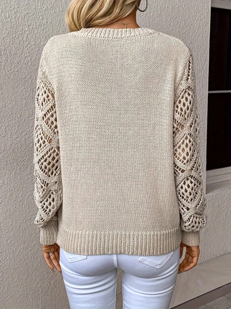 Pulover tricot cu mâneci lungi, guler V, cu detalii tăiate și model baklava, 37464