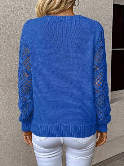 Pulover tricot cu mâneci lungi, guler V, cu detalii tăiate și model baklava, 37466