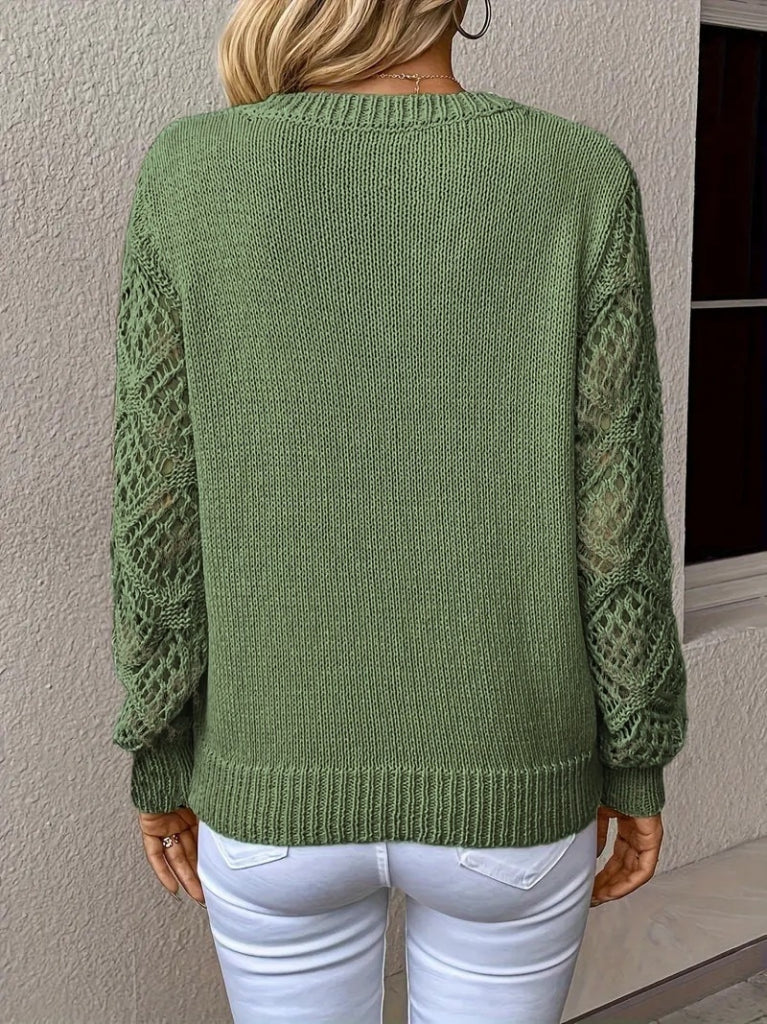 Pulover tricot cu mâneci lungi, guler V, cu detalii tăiate și model baklava, 37467