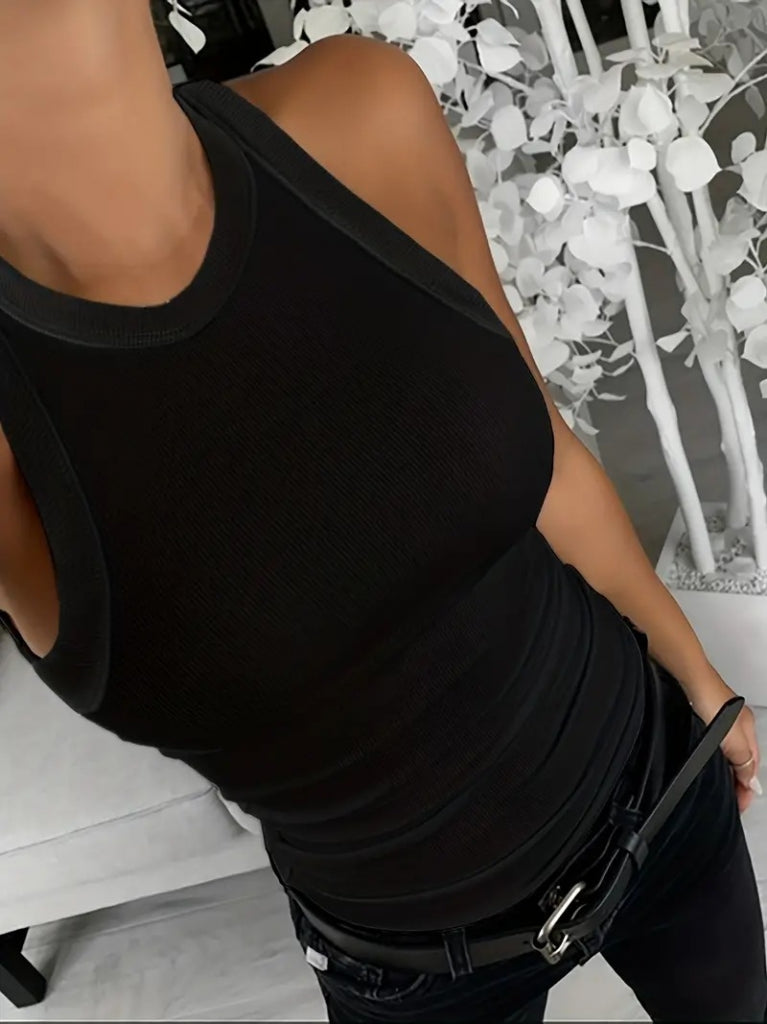 Bluză pentru femei, fără mâneci, cu guler rotund, cu model corset periat, cu nervuri groase, 24110