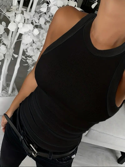 Bluză pentru femei, fără mâneci, cu guler rotund, cu model corset periat, cu nervuri groase, 24110