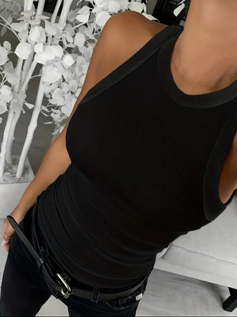 Bluză pentru femei, fără mâneci, cu guler rotund, cu model corset periat, cu nervuri groase, 24110