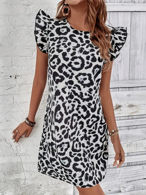 Rochie mini micro fără mâneci, cu mâneci scurte, cu volane, cu legături la spate, cu imprimeu leopard, 26133