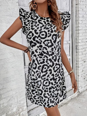 Rochie mini micro fără mâneci, cu mâneci scurte, cu volane, cu legături la spate, cu imprimeu leopard, 26133