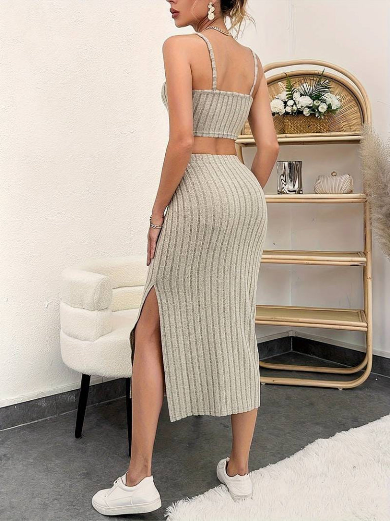 Women's Sleeveless Strappy Crop Top Ribbed Knit Midi Skirt Set, 25437
