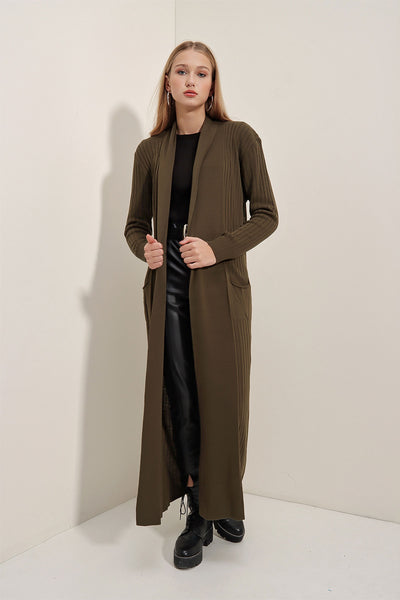 15690 Cardigan lung tricotat - Kaki