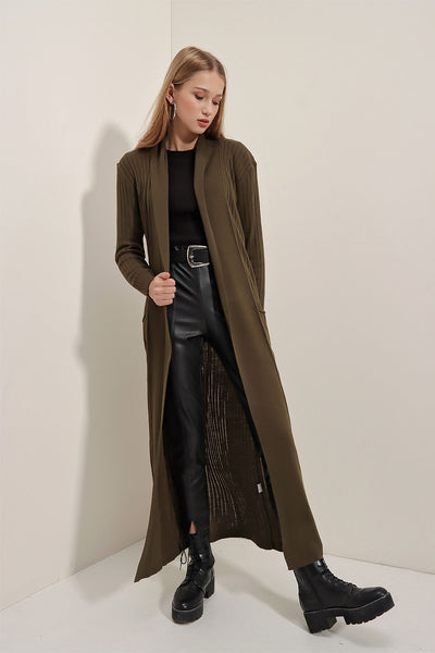 15690 Cardigan lung tricotat - Kaki