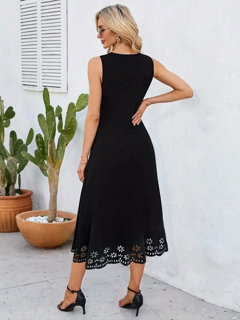 Rochie Midi Femei fără Mâneci din Crep Janjan cu Tiv Croit cu Laser și Model Floral, 34052