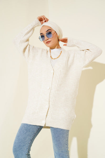 15768 Cardigan Tricotat cu Voal - A.Ecru
