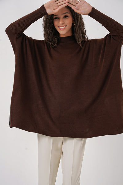 Pulover poncho cu crăpături 15783 - Maro