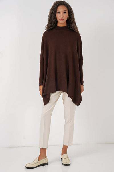 Pulover poncho cu crăpături 15783 - Maro