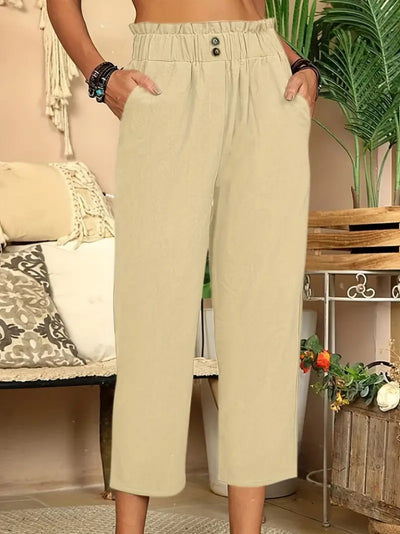 Pantaloni Capri din in pentru femei, cu talie încrețită și nasturi, 24633