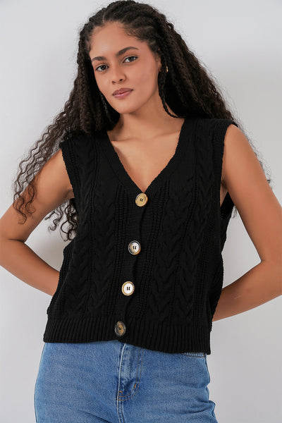 15882 Veston Tricot cu Nasturi Mânecă Scurtă - Negru