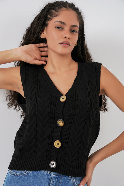 15882 Veston Tricot cu Nasturi Mânecă Scurtă - Negru