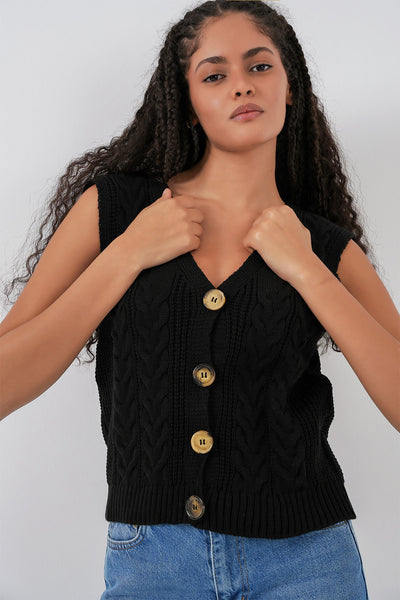 15882 Veston Tricot cu Nasturi Mânecă Scurtă - Negru