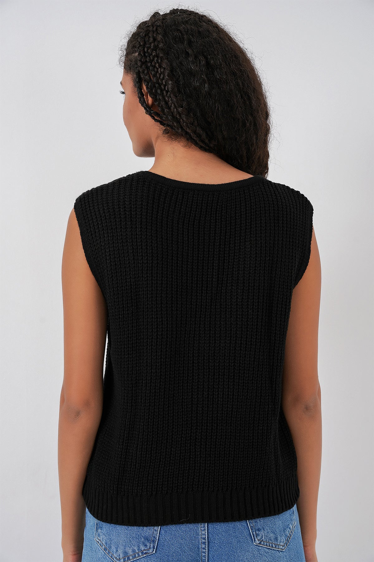 15882 Veston Tricot cu Nasturi Mânecă Scurtă - Negru