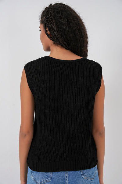 15882 Veston Tricot cu Nasturi Mânecă Scurtă - Negru