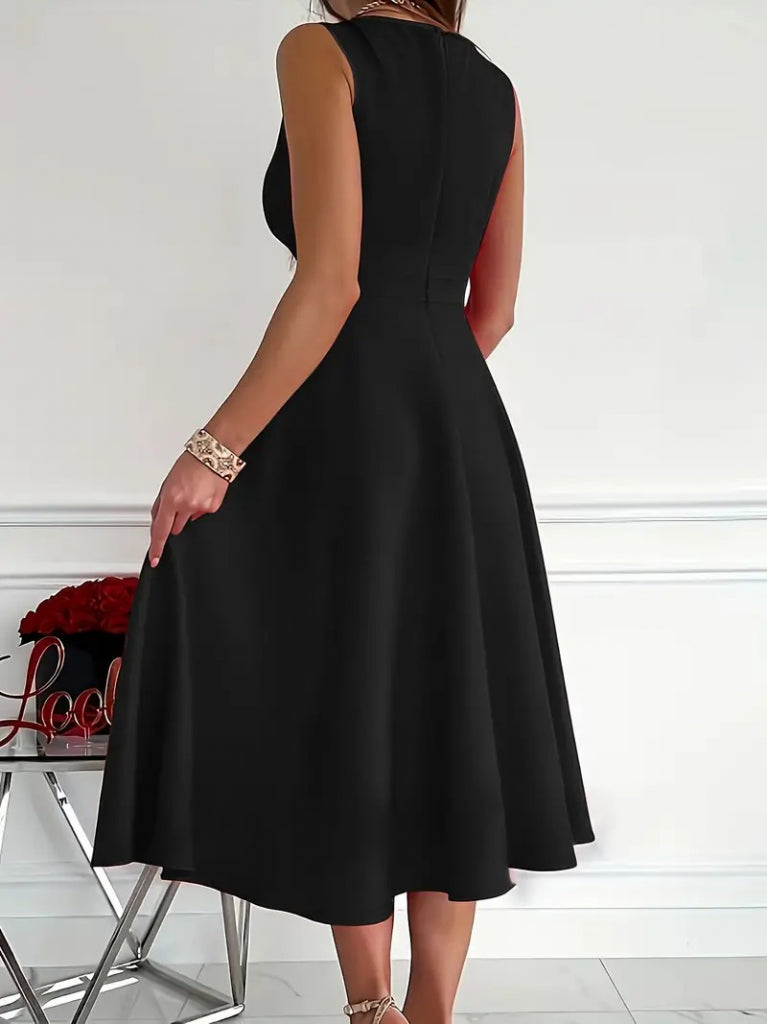Rochie Mini Femei, fără mâneci, cu guler în V, din țesătură tip crep importată, fustă cloș, 35644