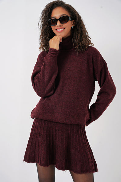 15891 Set Tricot Jachetă și Fustă - Burgundia