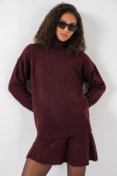 15891 Set Tricot Jachetă și Fustă - Burgundia