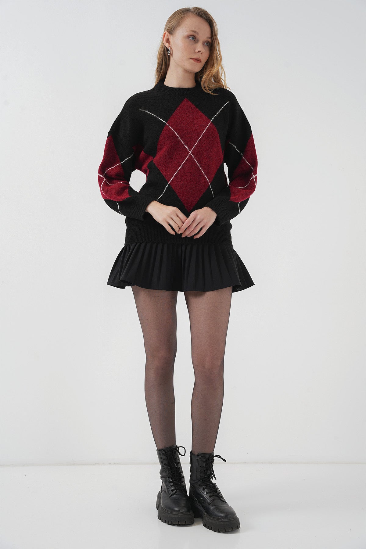 15895 Pulover tricotat oversize cu model Baklava - Negru închis