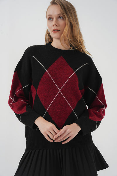 15895 Pulover tricotat oversize cu model Baklava - Negru închis