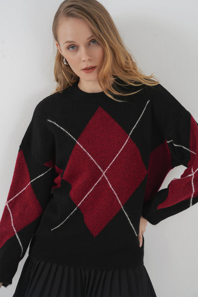15895 Pulover tricotat oversize cu model Baklava - Negru închis