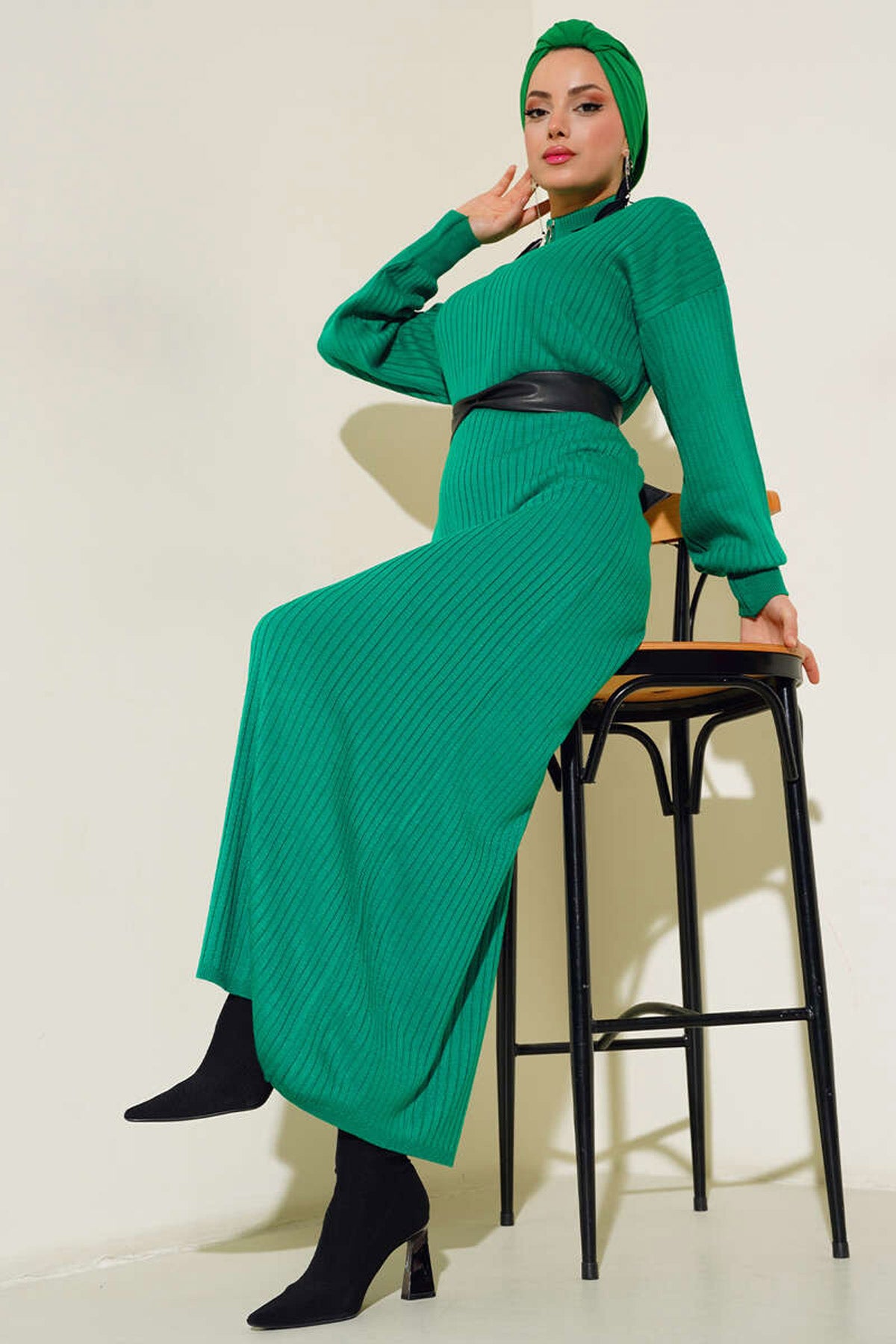 15900 Rochie Tricot Modest Acoperire Completă - Verde