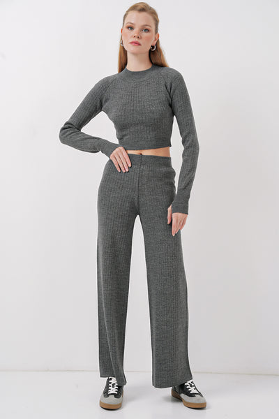 15905 Set Femeie Jachetă Tricot Crop și Pantalon - Fumuriu