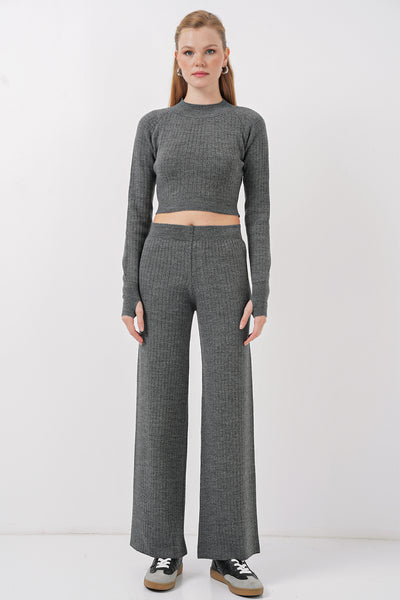 15905 Set Femeie Jachetă Tricot Crop și Pantalon - Fumuriu