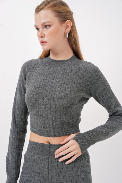 15905 Set Femeie Jachetă Tricot Crop și Pantalon - Fumuriu