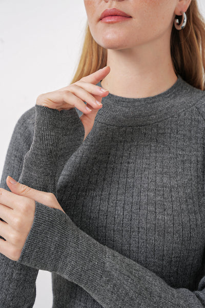 15905 Set Femeie Jachetă Tricot Crop și Pantalon - Fumuriu