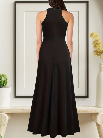 Rochie lungă de damă, importată, din crep, fără mâneci, cu guler tip halter și șliț adânc, 34000