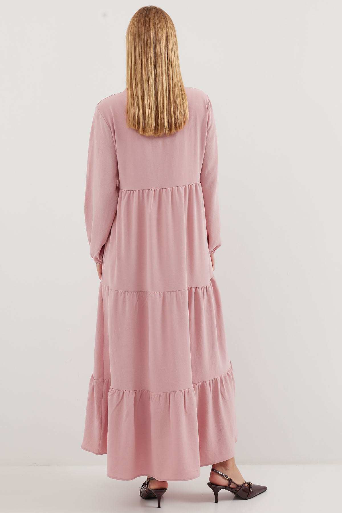 1627 Rochie Hijab cu Guler Șiret - Roz Deschis