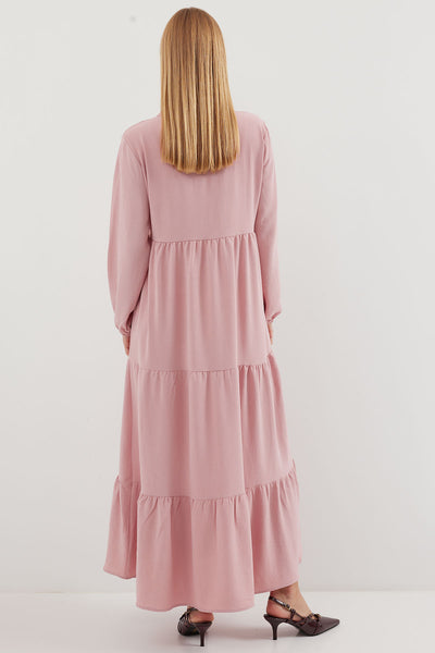 1627 Rochie Hijab cu Guler Șiret - Roz Deschis