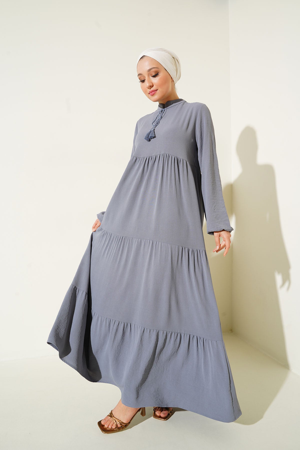 1627 Rochie Tesettür Guler Înnodat - Gri