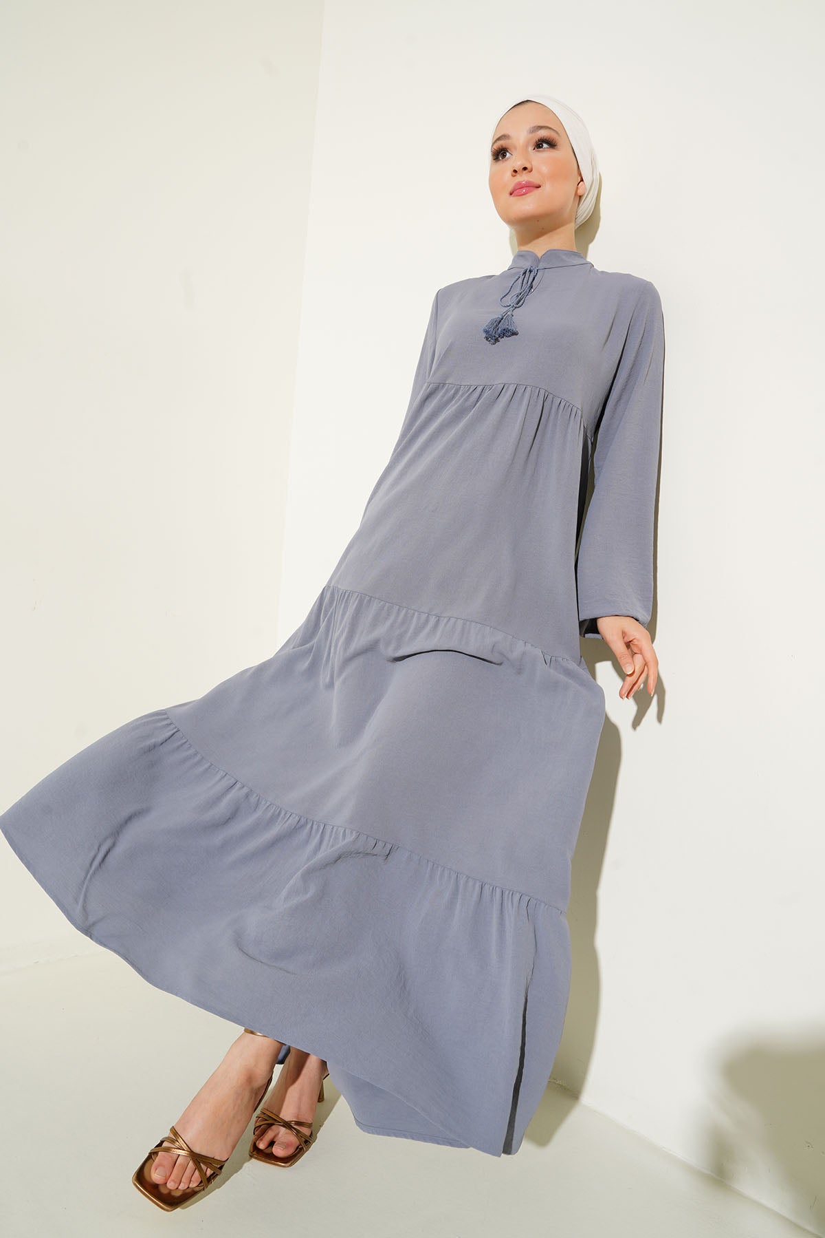 1627 Rochie Tesettür Guler Înnodat - Gri