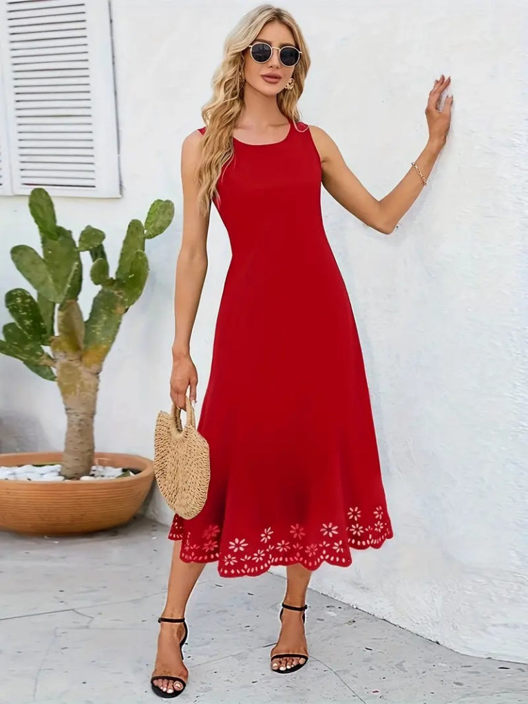 Women's Sleeveless Laser-Cut Floral Pattern Midi Imported Crepe Dress, 34053