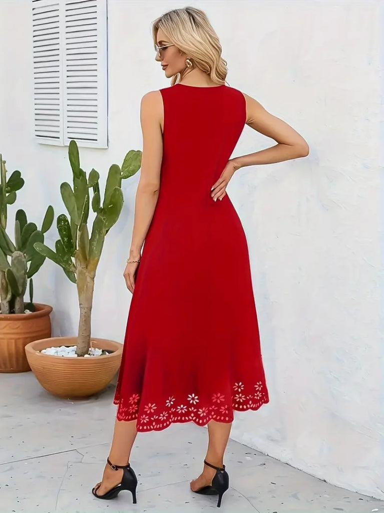 Women's Sleeveless Laser-Cut Floral Pattern Midi Imported Crepe Dress, 34053