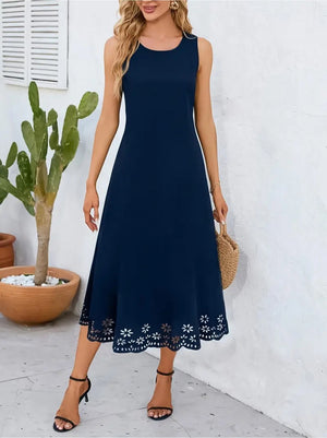 Rochie midi fără mâneci pentru femei, din crep importat, cu tiv decupat cu laser și model floral, 34051